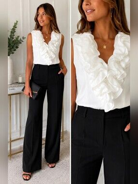XSCAPE White Ruffle Front Sleeveless Blouse Top Size 12 Elegant Event